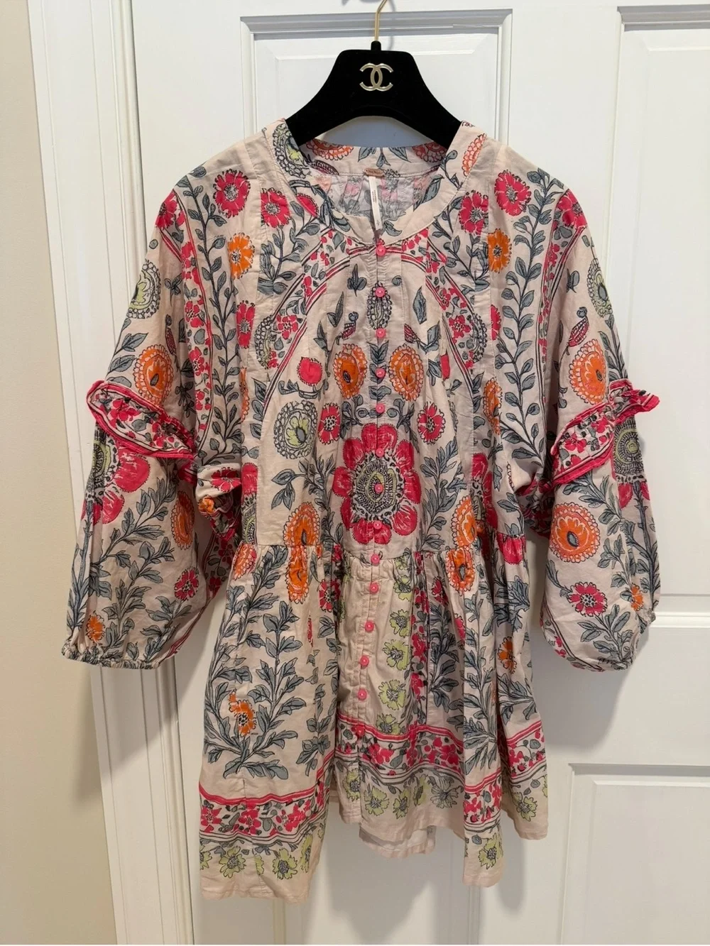 Free People Avery Tunic Puff Sleeves Cinched Waist Floral Peasant Statement Top